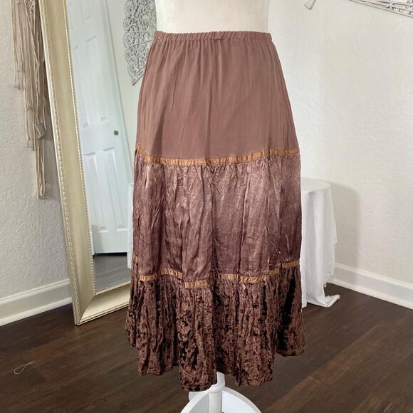 Ethereal Fairy Grunge Brown Tan Velvet Satin Flowy Midi Maxi Rayon Skirt S - Picture 5 of 6